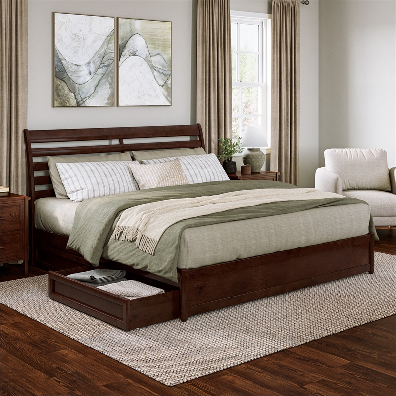 Emelie King Platform Bed with Panel Footboard & 2 Storage Drawers in Walnut