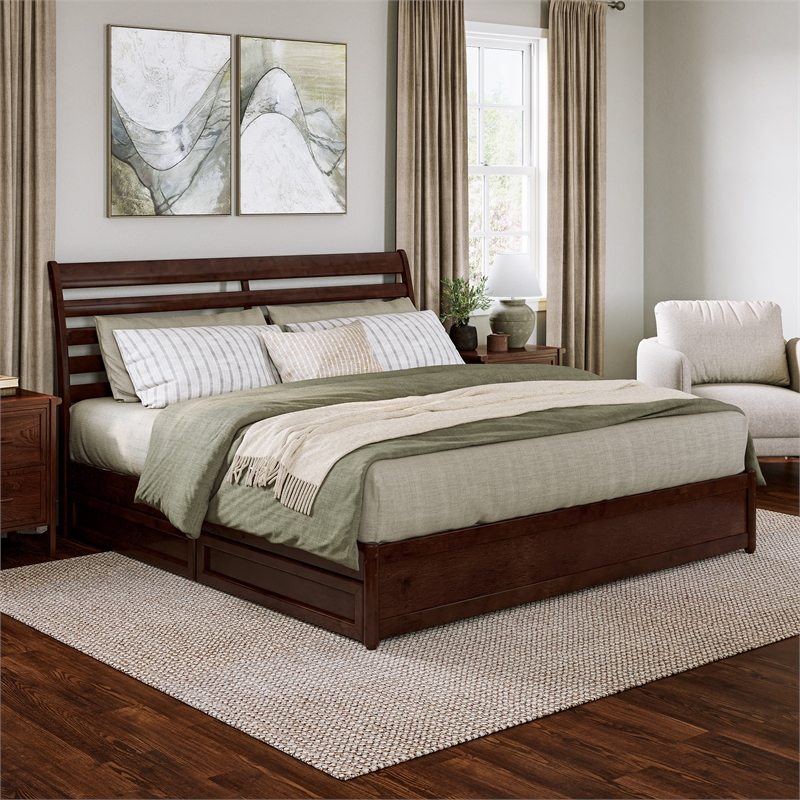 Emelie King Platform Bed with Panel Footboard & 2 Storage Drawers in Walnut