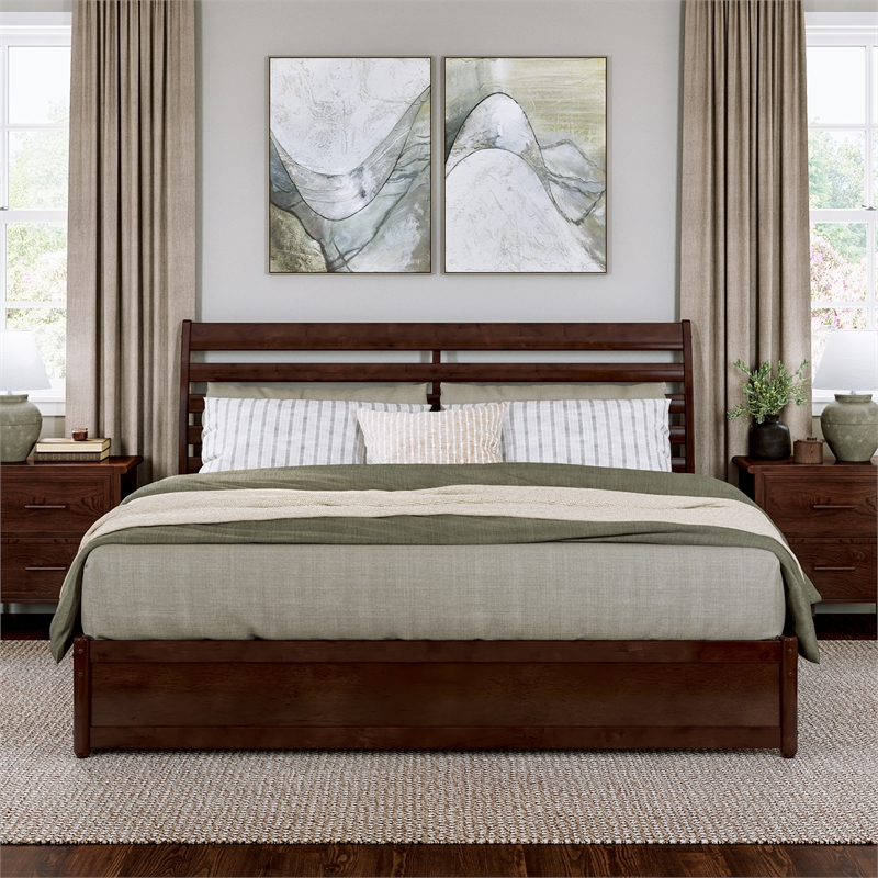 Emelie King Platform Bed with Panel Footboard & 2 Storage Drawers in Walnut