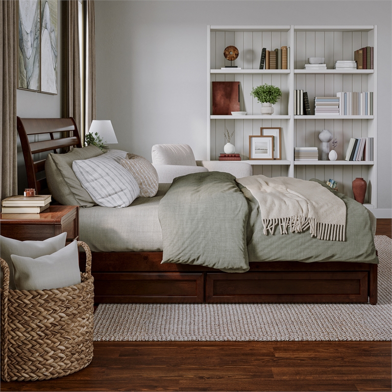 Emelie King Platform Bed with Panel Footboard & 2 Storage Drawers in Walnut