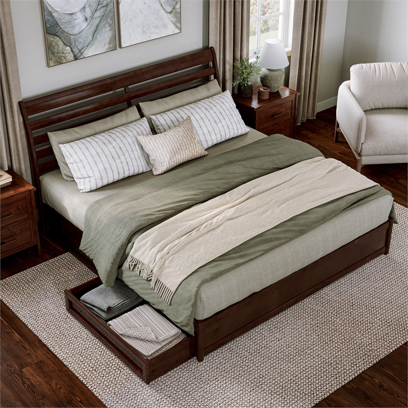 Emelie King Platform Bed with Panel Footboard & 2 Storage Drawers in Walnut