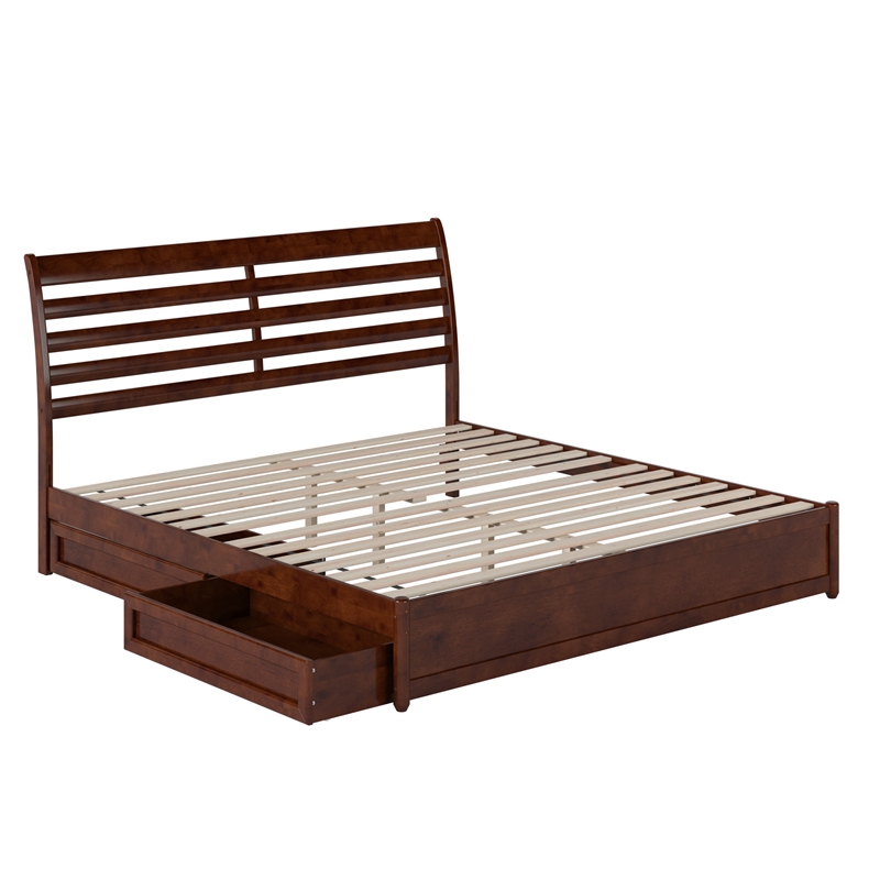 Emelie King Platform Bed with Panel Footboard & 2 Storage Drawers in Walnut