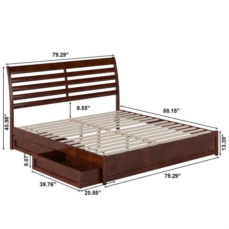 Emelie King Platform Bed with Panel Footboard & 2 Storage Drawers in Walnut