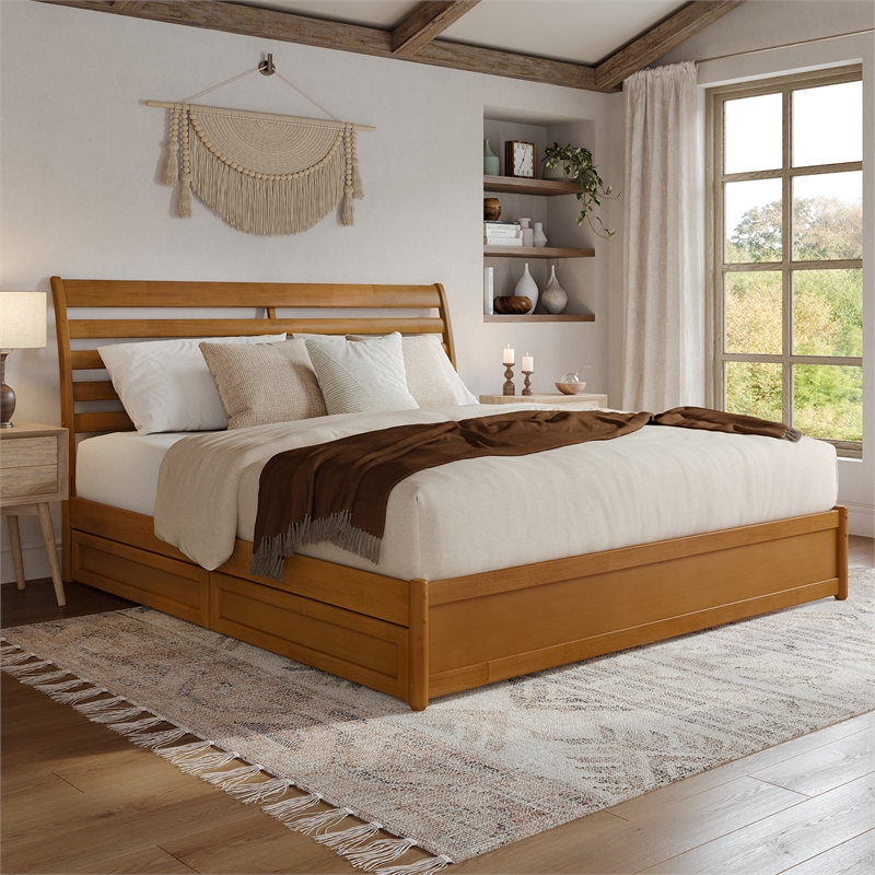 Emelie King Platform Bed w/ Panel Footboard & 2 Storage Drawers in Light Toffee