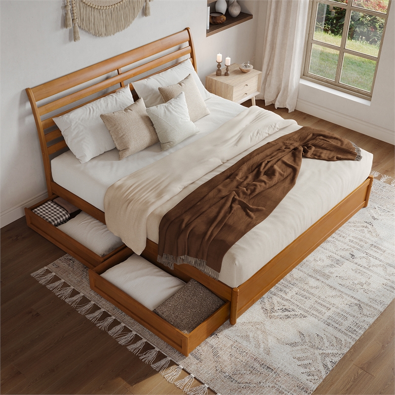 Emelie King Platform Bed w/ Panel Footboard & 2 Storage Drawers in Light Toffee