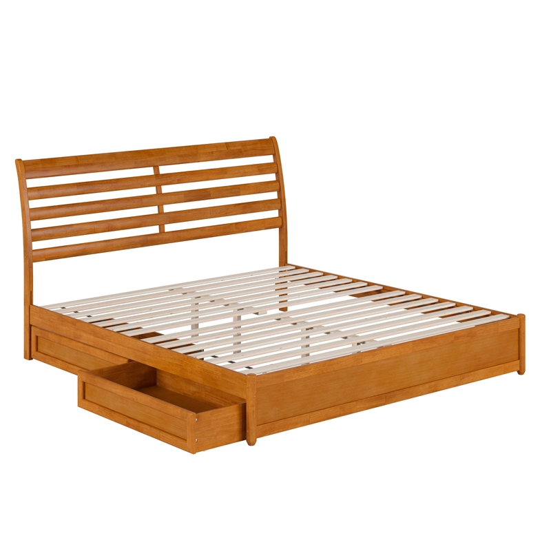 Emelie King Platform Bed w/ Panel Footboard & 2 Storage Drawers in Light Toffee