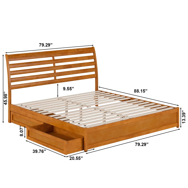 Emelie King Platform Bed w/ Panel Footboard & 2 Storage Drawers in Light Toffee