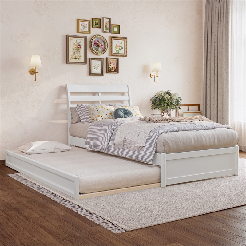 Emelie Twin XL Wood Platform Bed with Panel Footboard & Twin XL Trundle in White