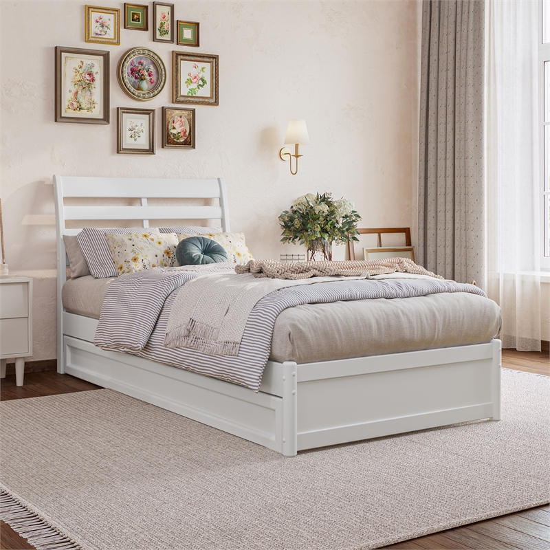 Emelie Twin XL Wood Platform Bed with Panel Footboard & Twin XL Trundle in White