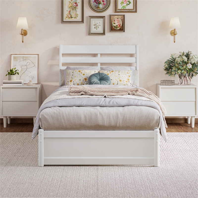 Emelie Twin XL Wood Platform Bed with Panel Footboard & Twin XL Trundle in White