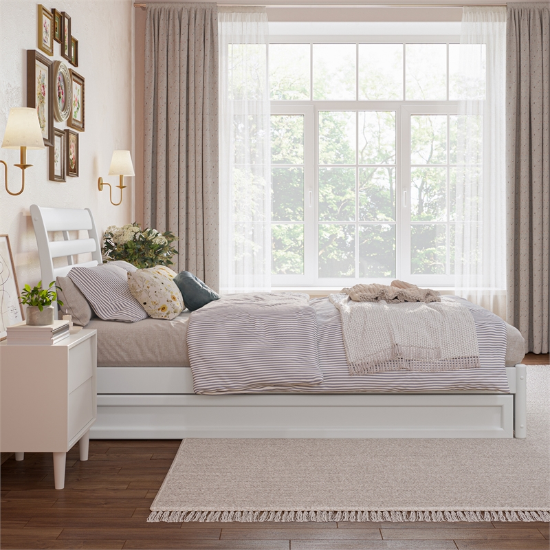 Emelie Twin XL Wood Platform Bed with Panel Footboard & Twin XL Trundle in White