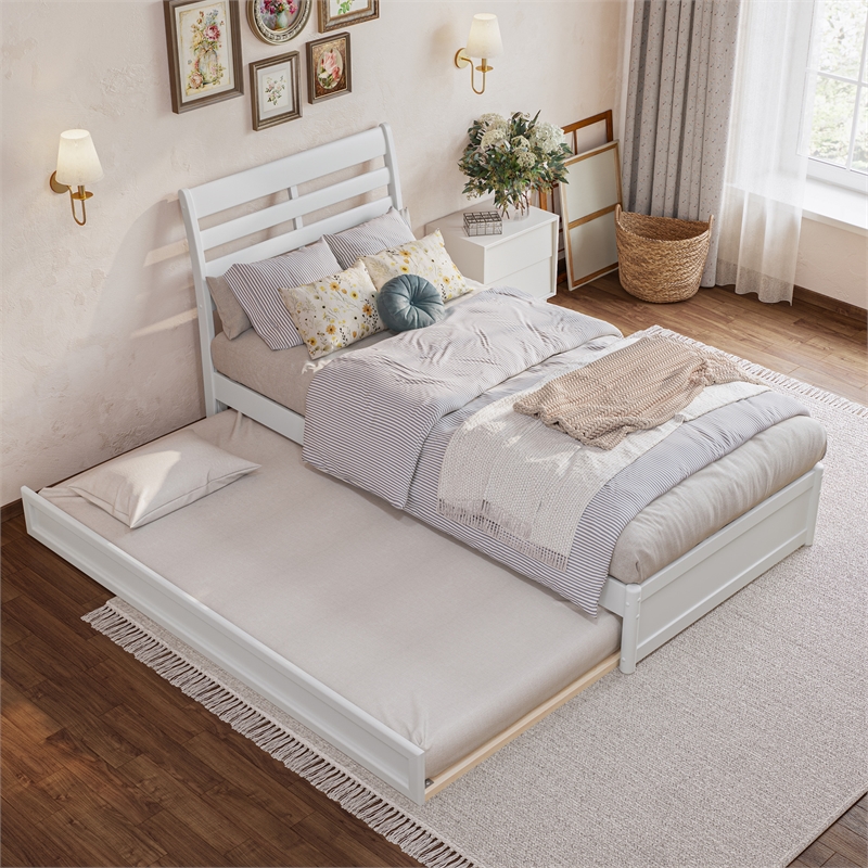 Emelie Twin XL Wood Platform Bed with Panel Footboard & Twin XL Trundle in White