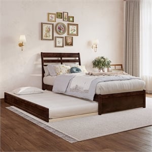 Emelie Twin XL Wood Platform Bed with Panel Footboard &  Trundle in Walnut