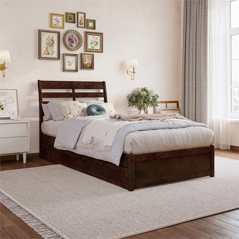 Emelie Twin XL Wood Platform Bed with Panel Footboard &  Trundle in Walnut
