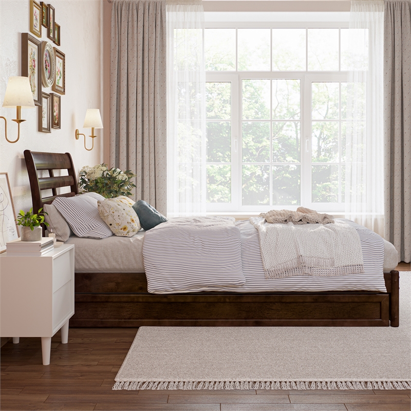 Emelie Twin XL Wood Platform Bed with Panel Footboard &  Trundle in Walnut