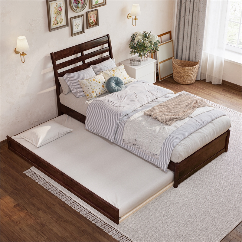 Emelie Twin XL Wood Platform Bed with Panel Footboard &  Trundle in Walnut