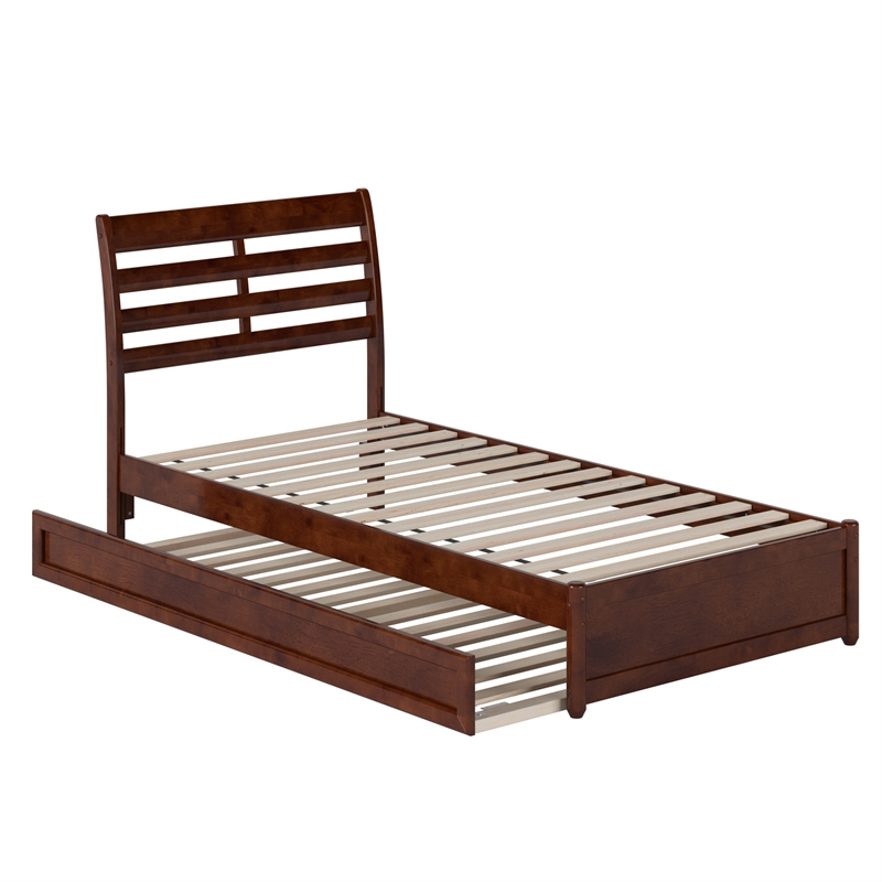 Emelie Twin XL Wood Platform Bed with Panel Footboard &  Trundle in Walnut