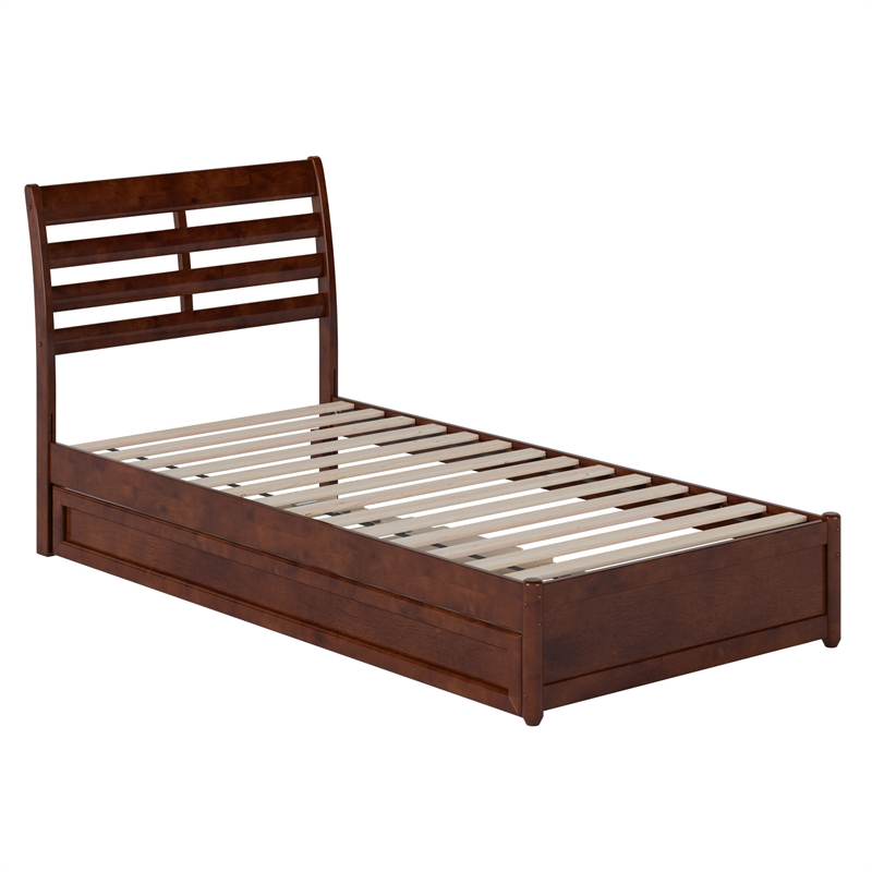 Emelie Twin XL Wood Platform Bed with Panel Footboard &  Trundle in Walnut