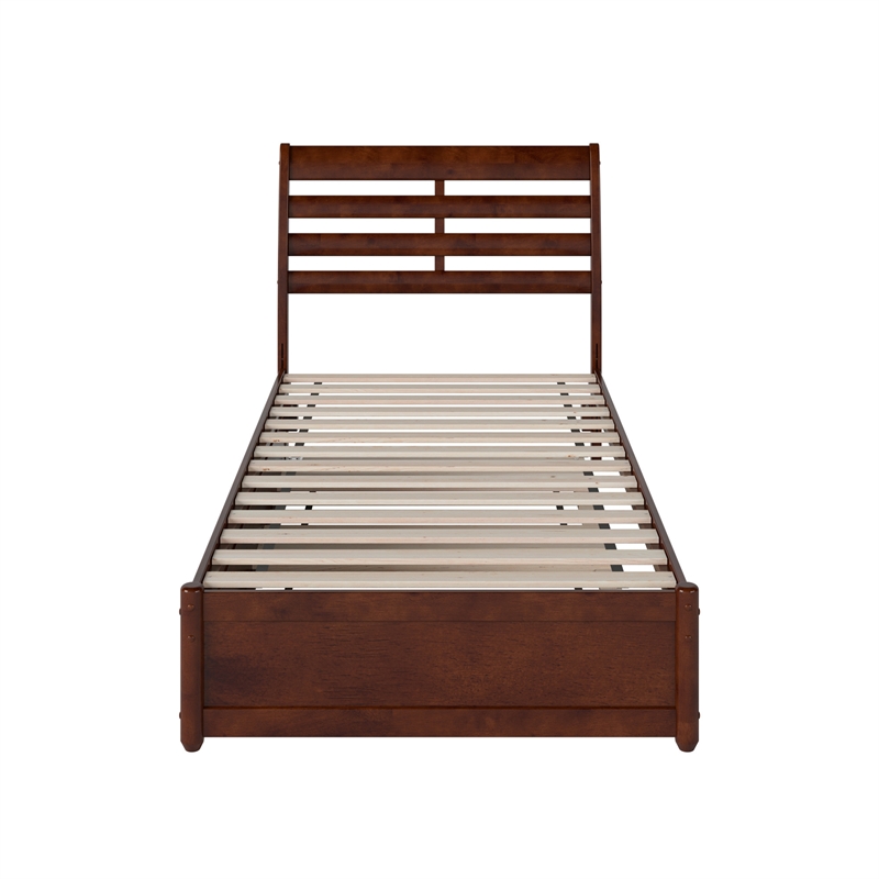 Emelie Twin XL Wood Platform Bed with Panel Footboard &  Trundle in Walnut