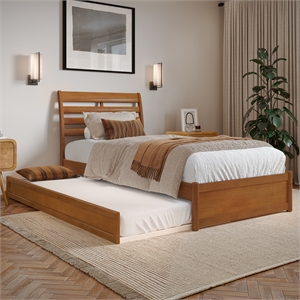 Emelie Twin XL Platform Bed with Panel Footboard & TXL Trundle in Light Toffee