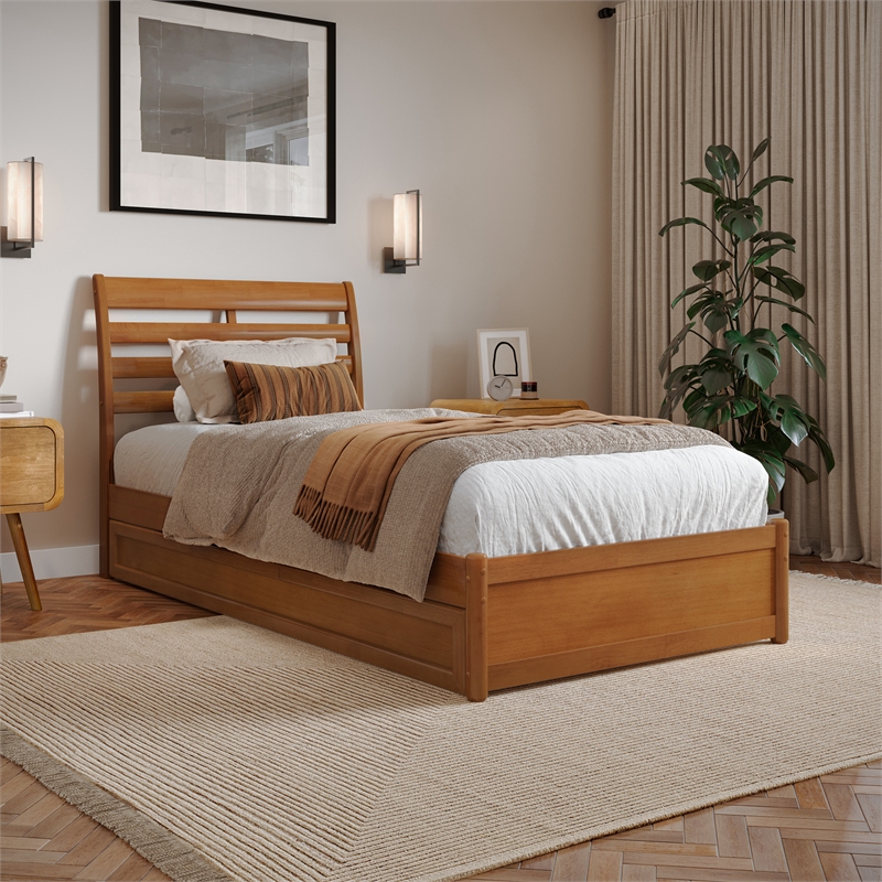 Emelie Twin XL Platform Bed with Panel Footboard & TXL Trundle in Light Toffee