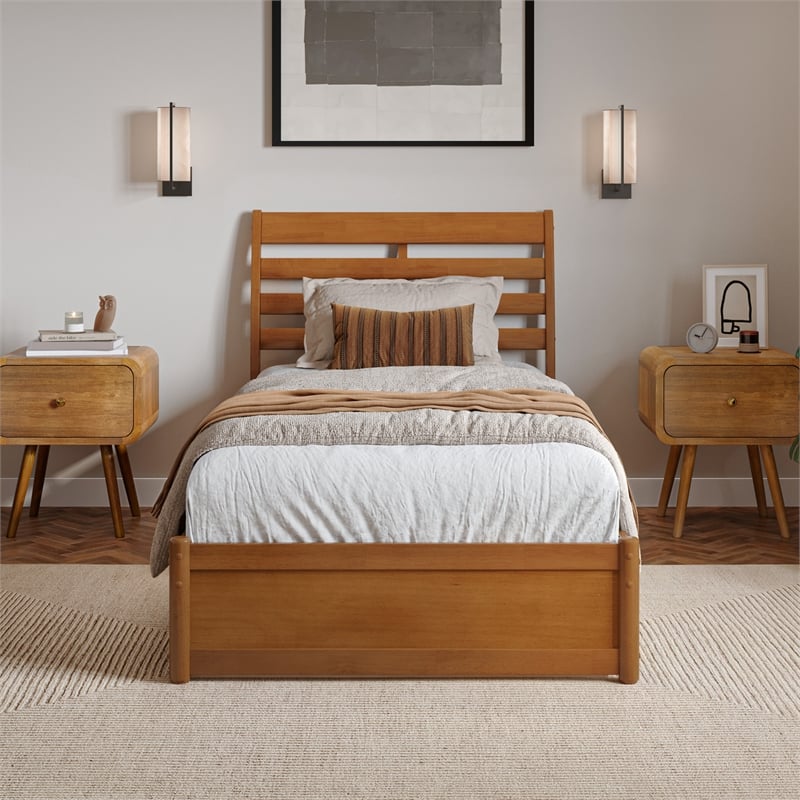 Emelie Twin XL Platform Bed with Panel Footboard & TXL Trundle in Light Toffee
