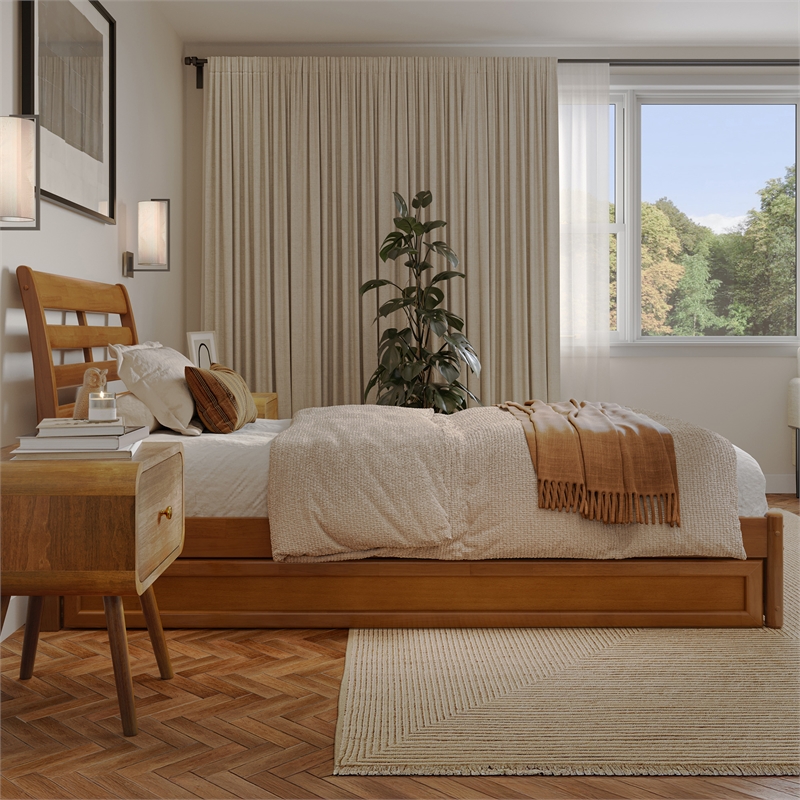 Emelie Twin XL Platform Bed with Panel Footboard & TXL Trundle in Light Toffee