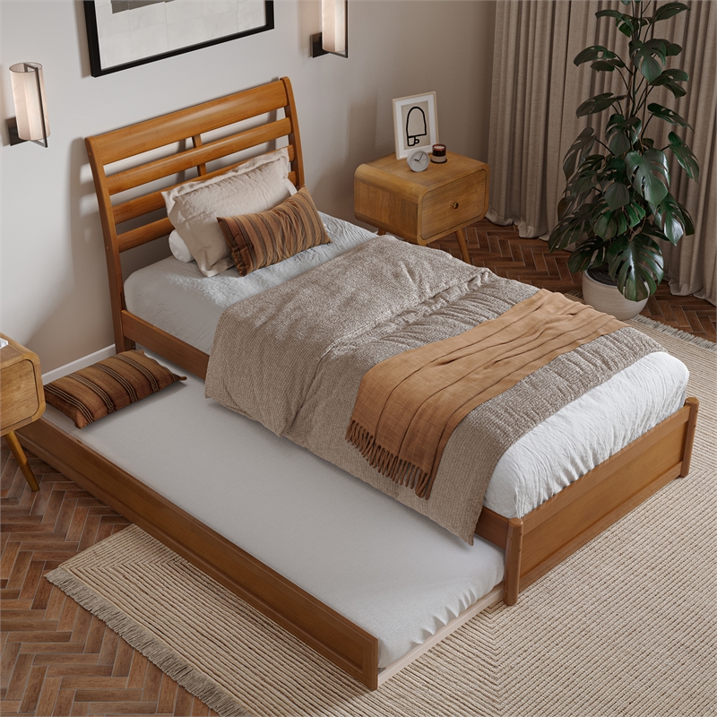 Emelie Twin XL Platform Bed with Panel Footboard & TXL Trundle in Light Toffee