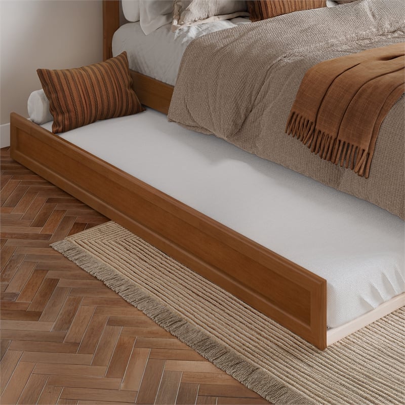 Emelie Twin XL Platform Bed with Panel Footboard & TXL Trundle in Light Toffee