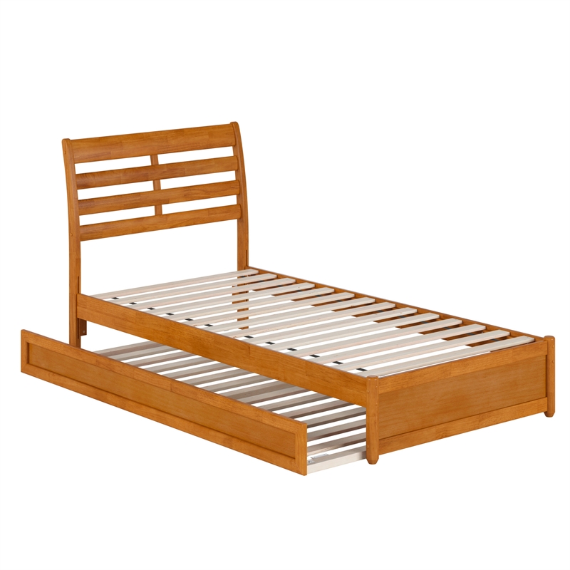 Emelie Twin XL Platform Bed with Panel Footboard & TXL Trundle in Light Toffee