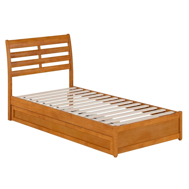 Emelie Twin XL Platform Bed with Panel Footboard & TXL Trundle in Light Toffee