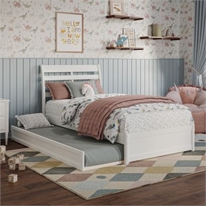 Emelie Twin Wood Platform Bed with Panel Footboard and Twin Trundle in White