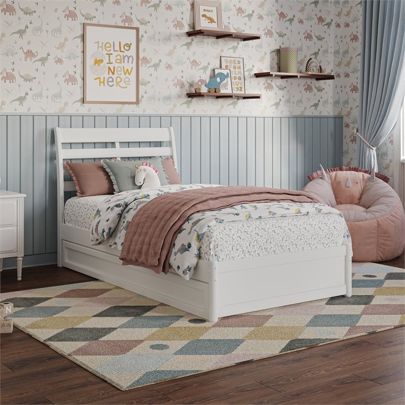 Emelie Twin Wood Platform Bed with Panel Footboard and Twin Trundle in White