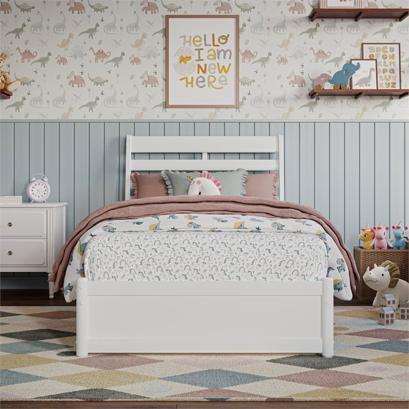 Emelie Twin Wood Platform Bed with Panel Footboard and Twin Trundle in White