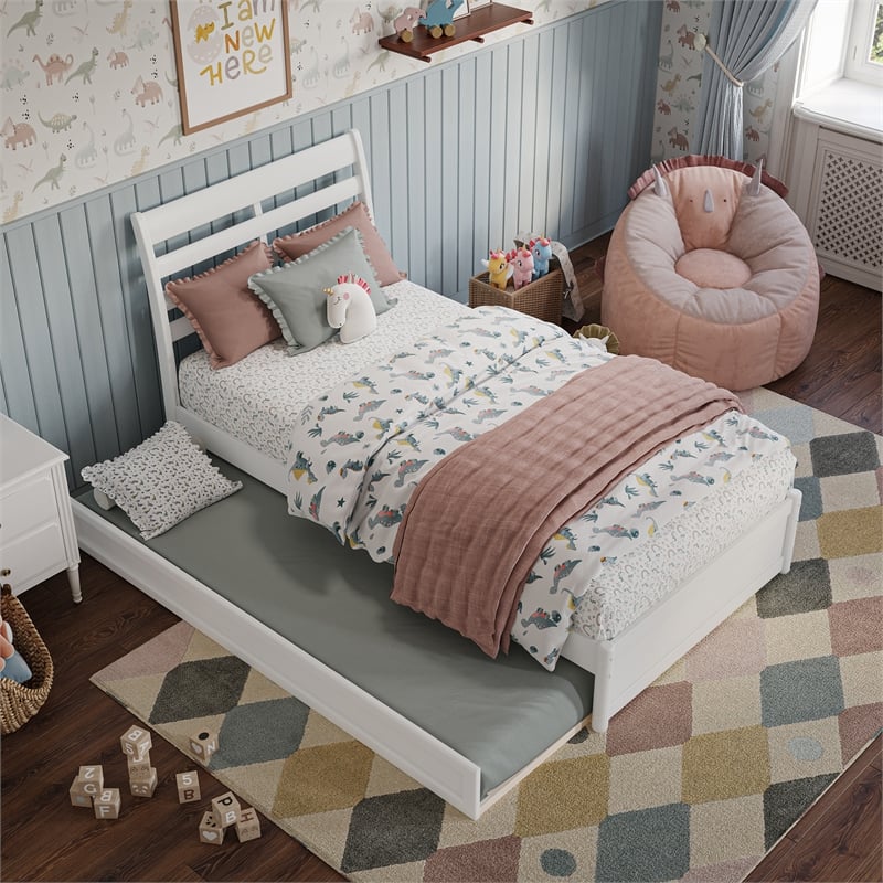 Emelie Twin Wood Platform Bed with Panel Footboard and Twin Trundle in White