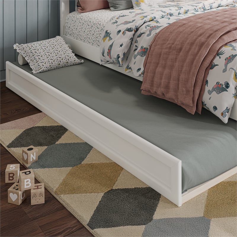 Emelie Twin Wood Platform Bed with Panel Footboard and Twin Trundle in White