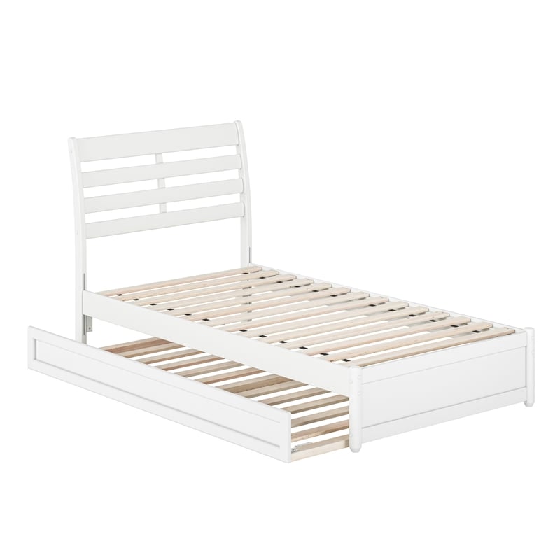 Emelie Twin Wood Platform Bed with Panel Footboard and Twin Trundle in White