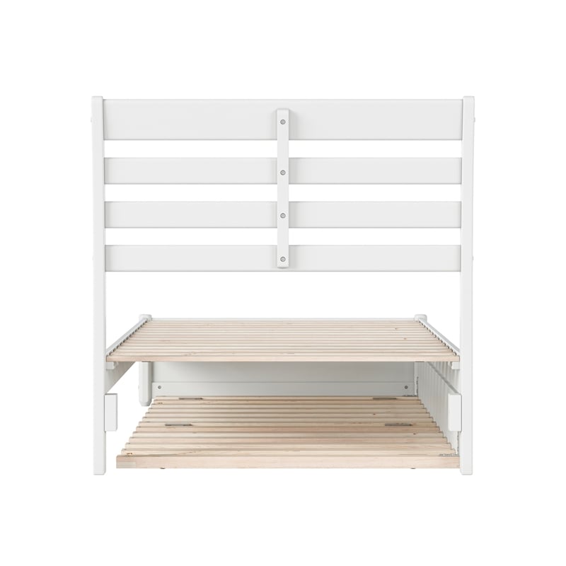 Emelie Twin Wood Platform Bed with Panel Footboard and Twin Trundle in White