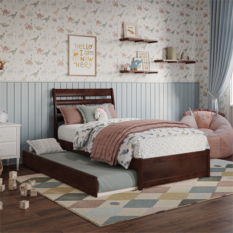 Emelie Twin Wood Platform Bed with Panel Footboard and Twin Trundle in Walnut