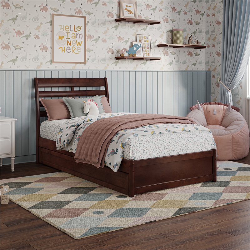 Emelie Twin Wood Platform Bed with Panel Footboard and Twin Trundle in Walnut