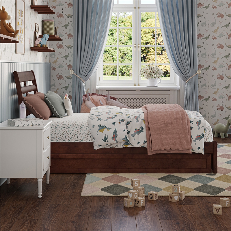 Emelie Twin Wood Platform Bed with Panel Footboard and Twin Trundle in Walnut