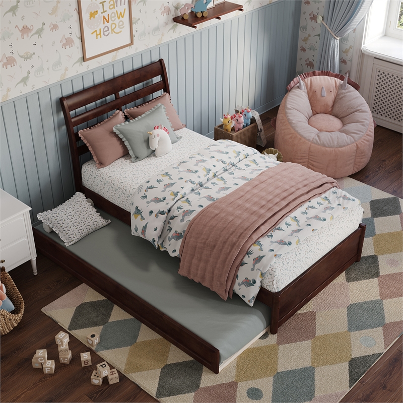 Emelie Twin Wood Platform Bed with Panel Footboard and Twin Trundle in Walnut