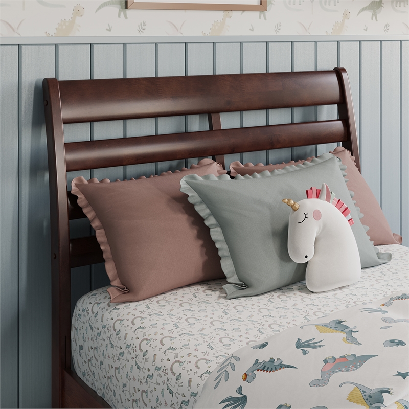 Emelie Twin Wood Platform Bed with Panel Footboard and Twin Trundle in Walnut