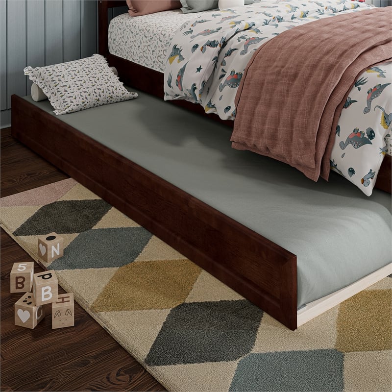 Emelie Twin Wood Platform Bed with Panel Footboard and Twin Trundle in Walnut