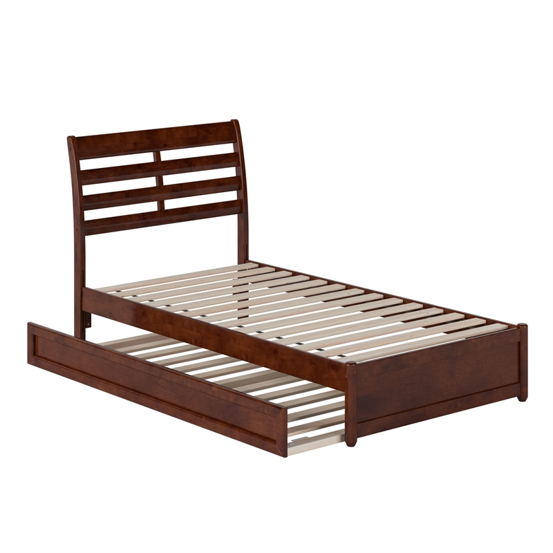 Emelie Twin Wood Platform Bed with Panel Footboard and Twin Trundle in Walnut