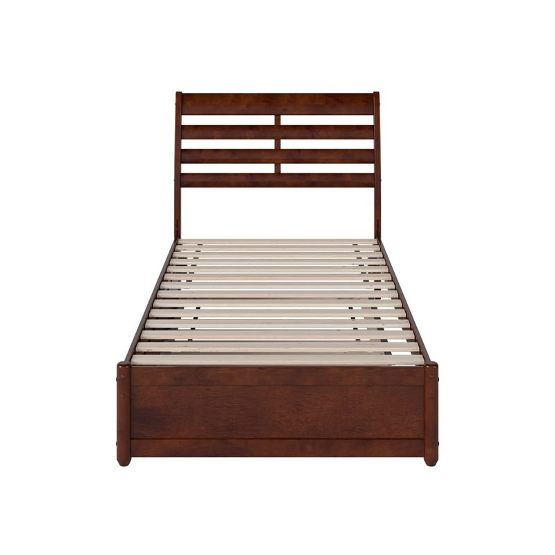 Emelie Twin Wood Platform Bed with Panel Footboard and Twin Trundle in Walnut