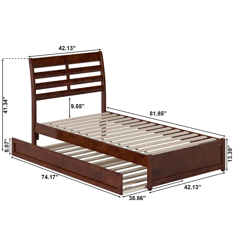 Emelie Twin Wood Platform Bed with Panel Footboard and Twin Trundle in Walnut