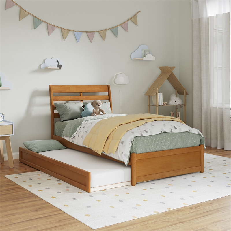 Emelie Twin Platform Bed with Panel Footboard & Twin Trundle in Light Toffee