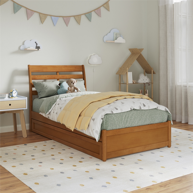 Emelie Twin Platform Bed with Panel Footboard & Twin Trundle in Light Toffee