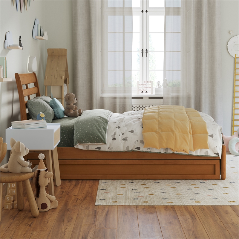 Emelie Twin Platform Bed with Panel Footboard & Twin Trundle in Light Toffee